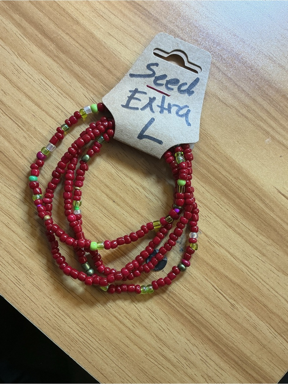 Red Multi-Strand Seed Bead Bracelet with Green Accents